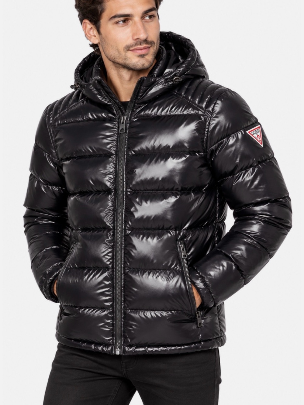 GUESS Men’s Shiny Hooded Bomber Jacket